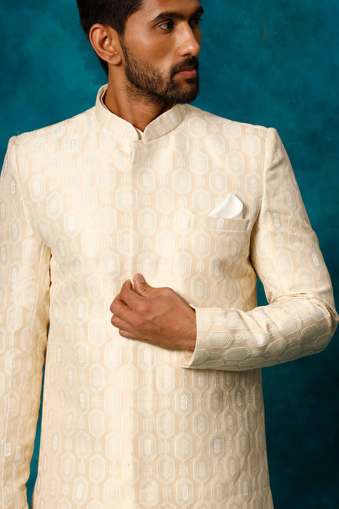 VASTRAMAY Men's Beige Imported Jacquard Indo With Kurta Pyjama Set